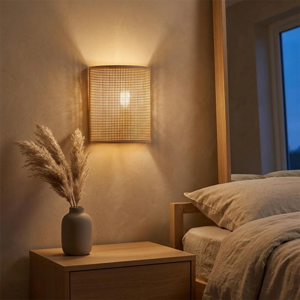 Applique en cannage de rotin au-dessus d'une table de chevet en chêne, chambre japandi