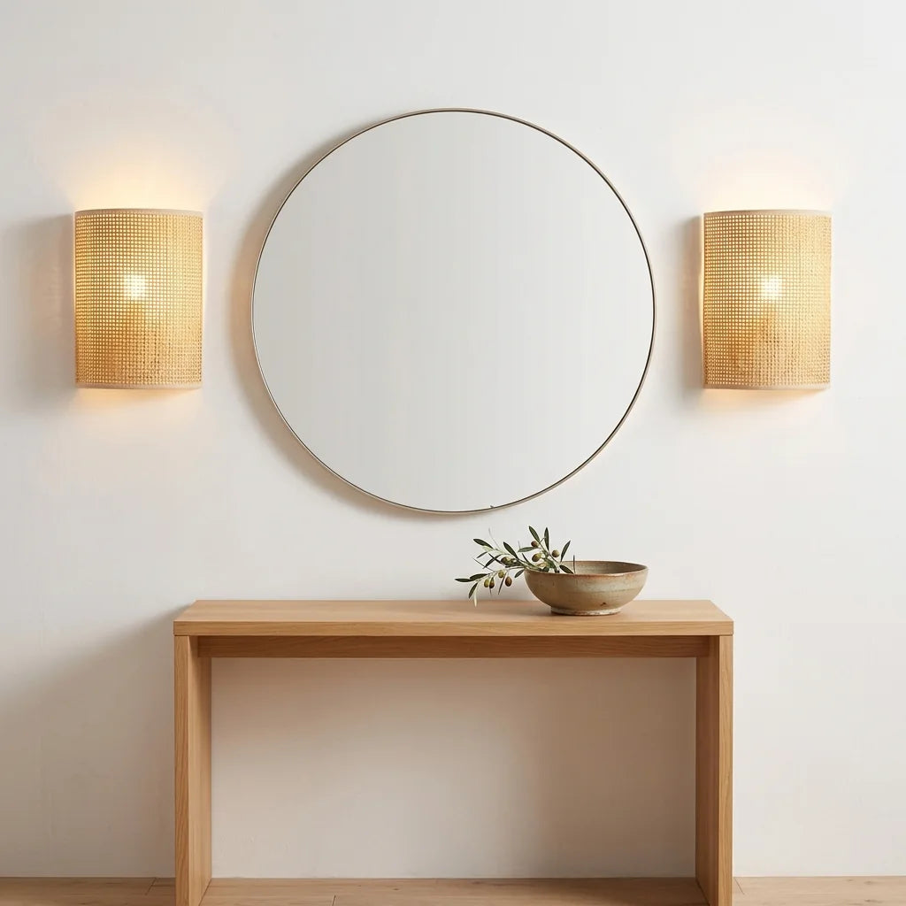 Paire d'appliques en cannage de rotin autour d'un miroir rond, entrée