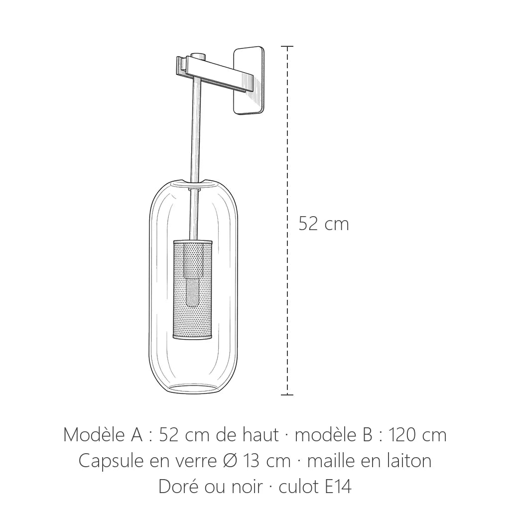 Dimensions de l'applique à capsule de verre : 52 cm (A) ou 120 cm (B) de haut