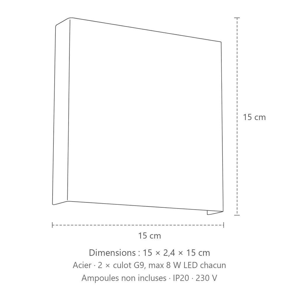 Dimensions : applique murale carrée en acier, 15 × 2,4 × 15 cm