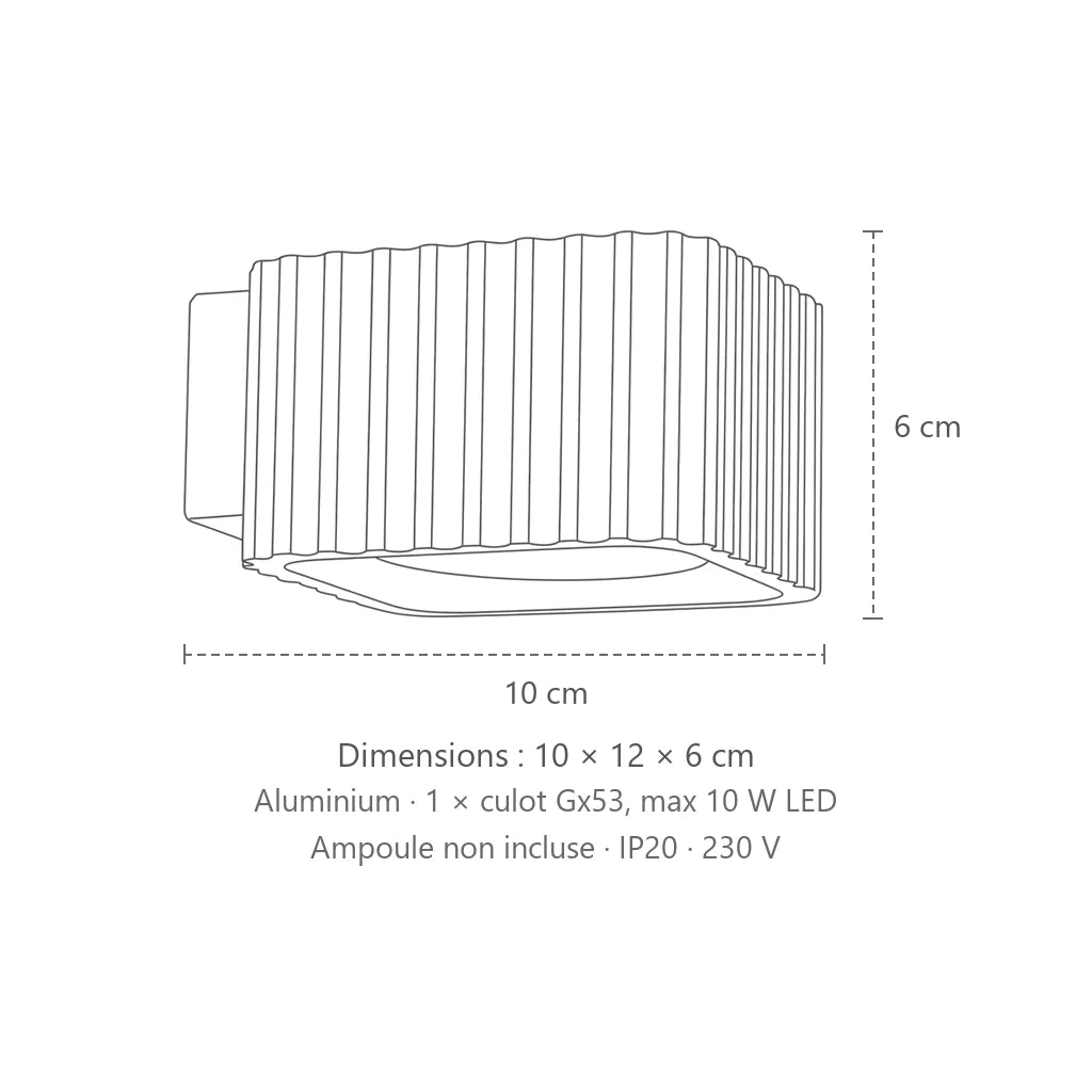 Dimensions : applique murale carrée cannelée (GX53), 10 × 12 × 6 cm