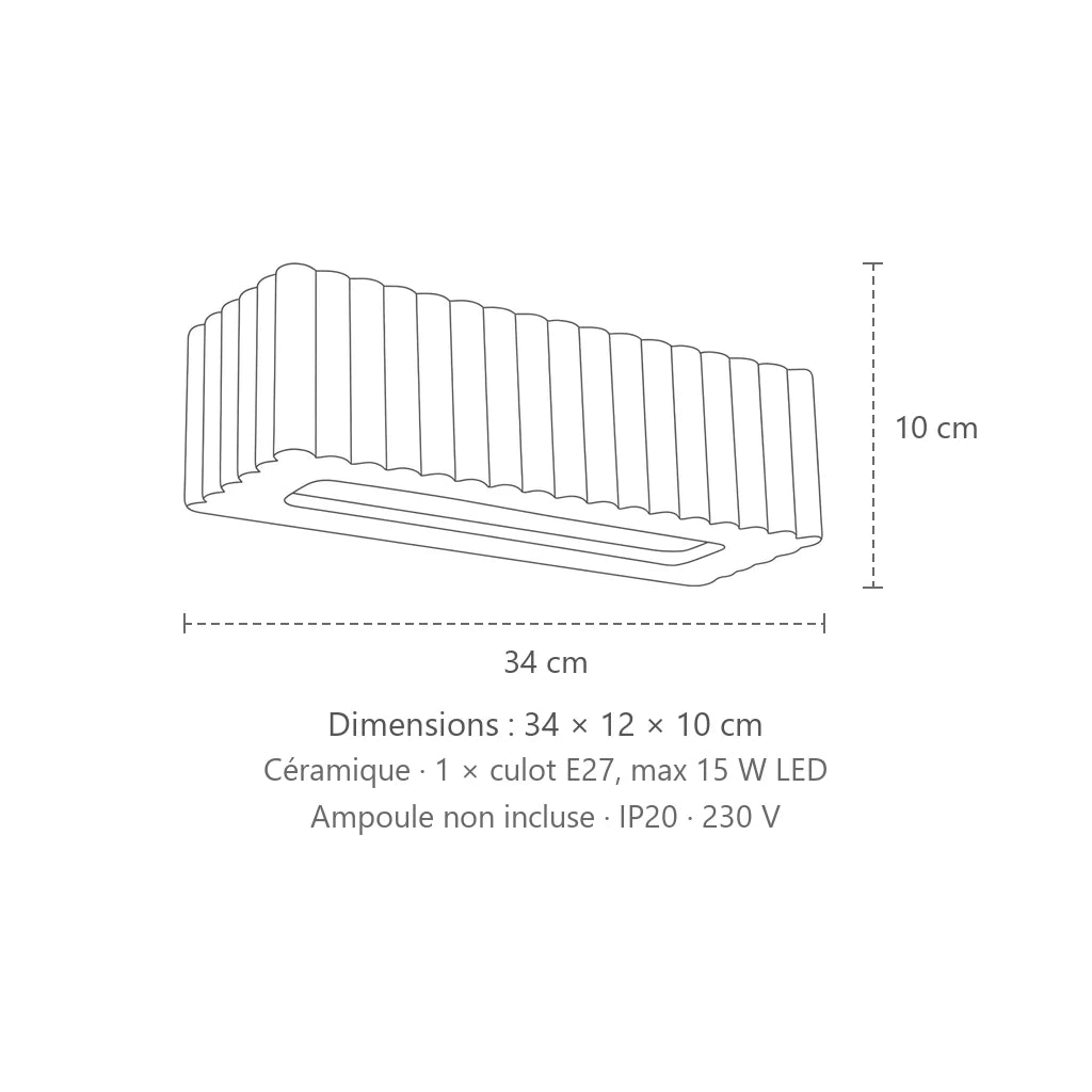 Dimensions : applique murale céramique cannelée rectangulaire, 34 × 12 × 10 cm