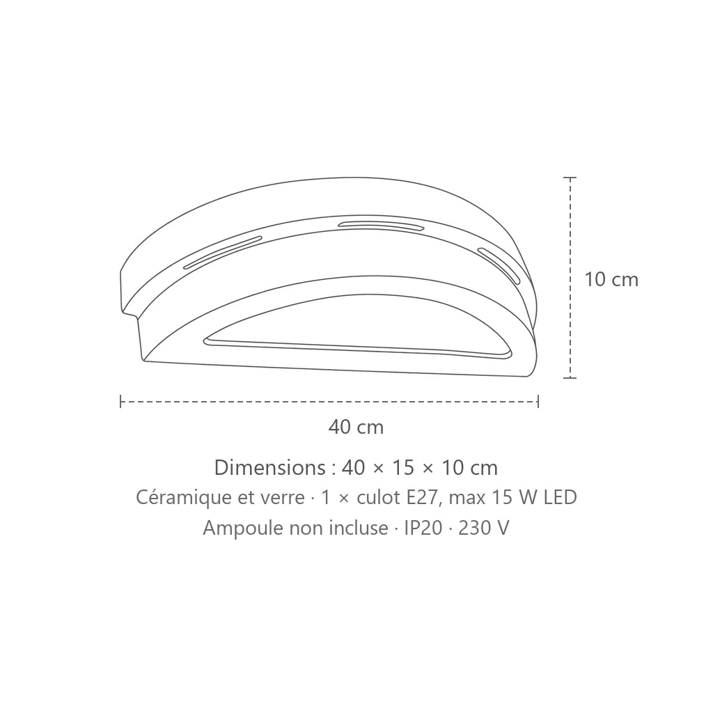 Dimensions : applique murale céramique double arc, 40 × 15 × 10 cm