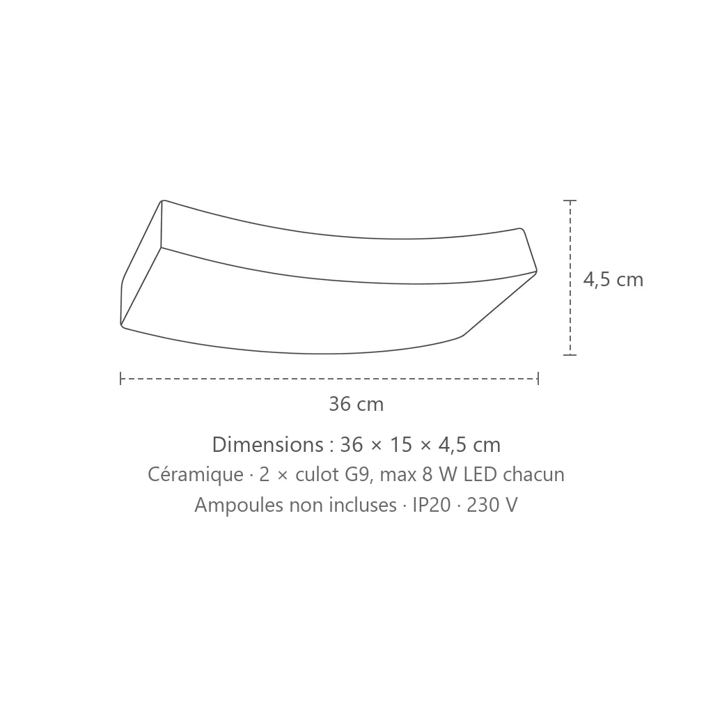 Dimensions : applique murale céramique incurvée, 36 × 15 × 4,5 cm