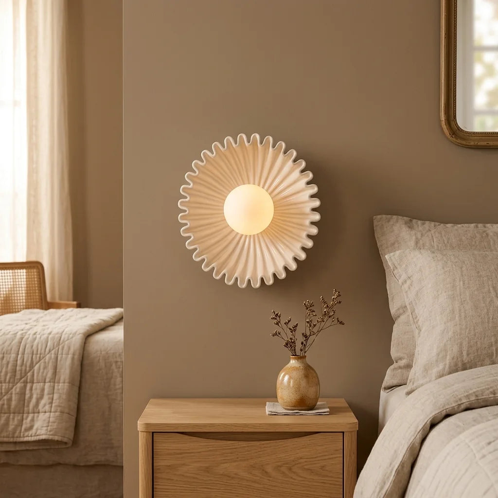 Applique fleur en céramique blanche au-dessus d'une table de chevet en chêne