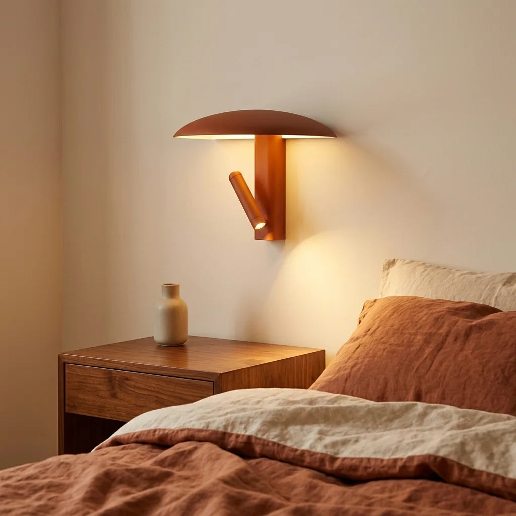 Applique champignon orange allumée au-dessus d'une table de chevet en noyer