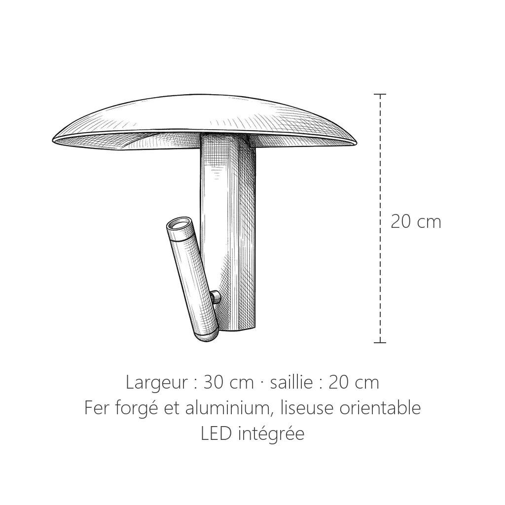 Dimensions de l'applique champignon : 30 x 20 cm, saillie 20 cm