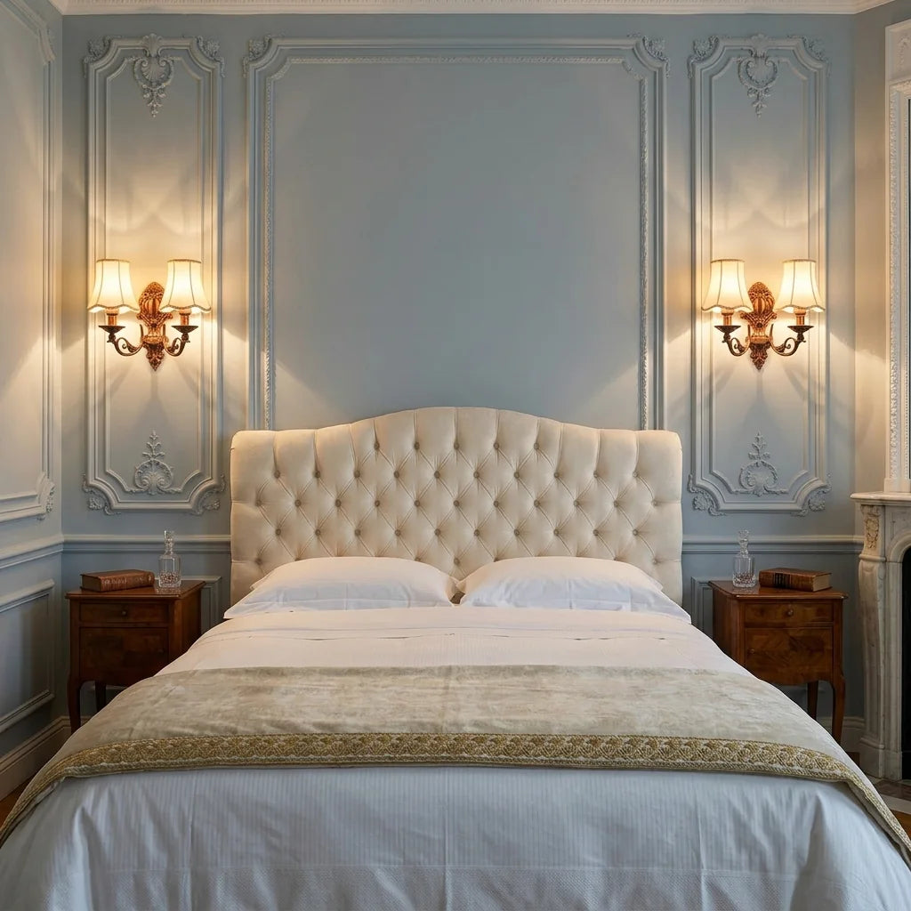 Paire d'appliques rouge bronze dans une chambre haussmannienne bleu-gris
