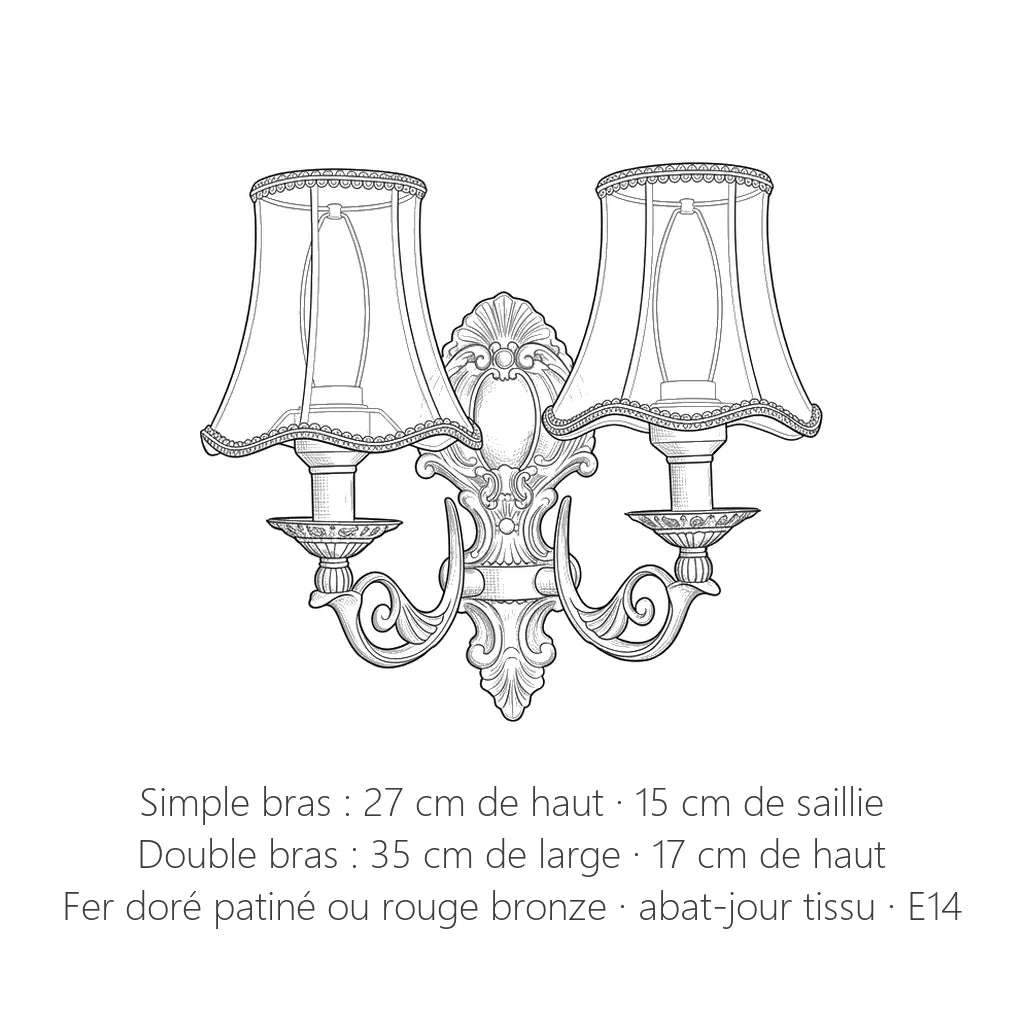 Dimensions de l'applique classique en fer : simple bras 27 × 15 cm, double bras 35 × 17 cm