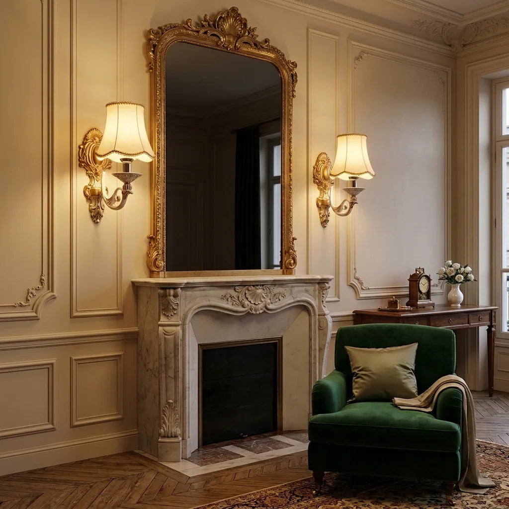 Appliques dorées de part et d'autre d'un miroir au-dessus d'une cheminée