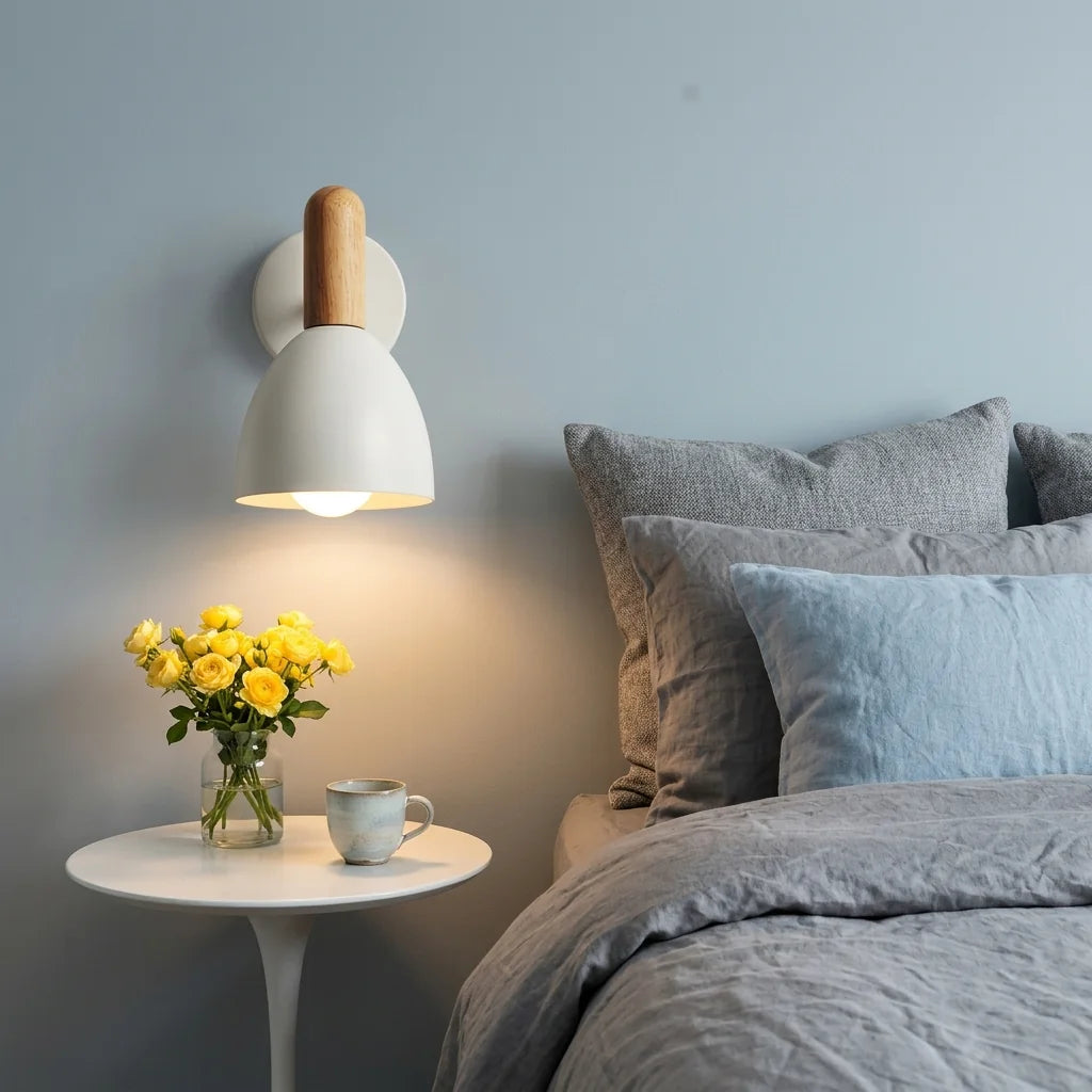 Applique cloche blanche en liseuse au-dessus d'une table de chevet