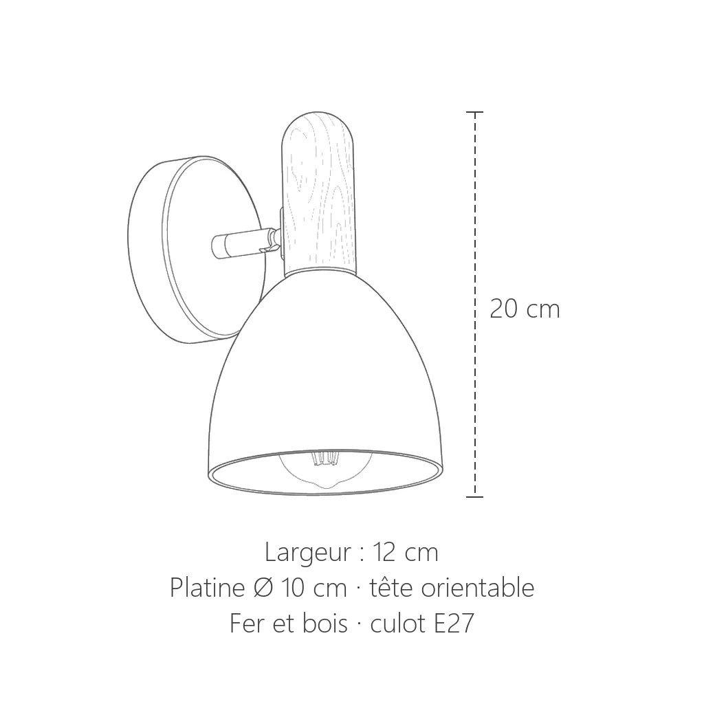 Dimensions de l'applique cloche en bois : 20 cm de haut, 12 cm de large