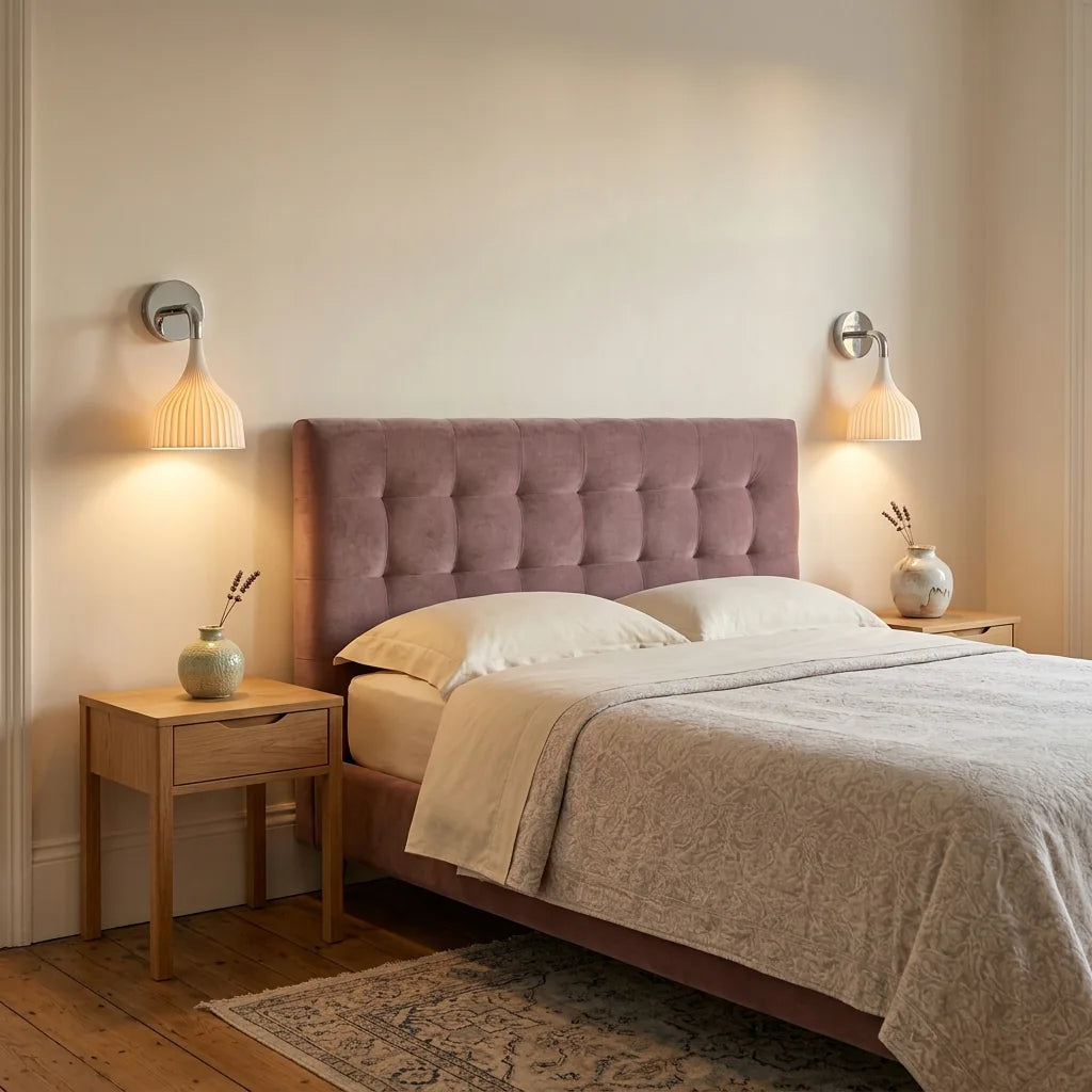 Deux appliques cloche blanches autour d'une tête de lit mauve