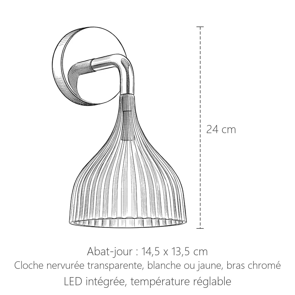 Dimensions de l'applique cloche nervurée : 24 cm, abat-jour 14,5 x 13,5 cm