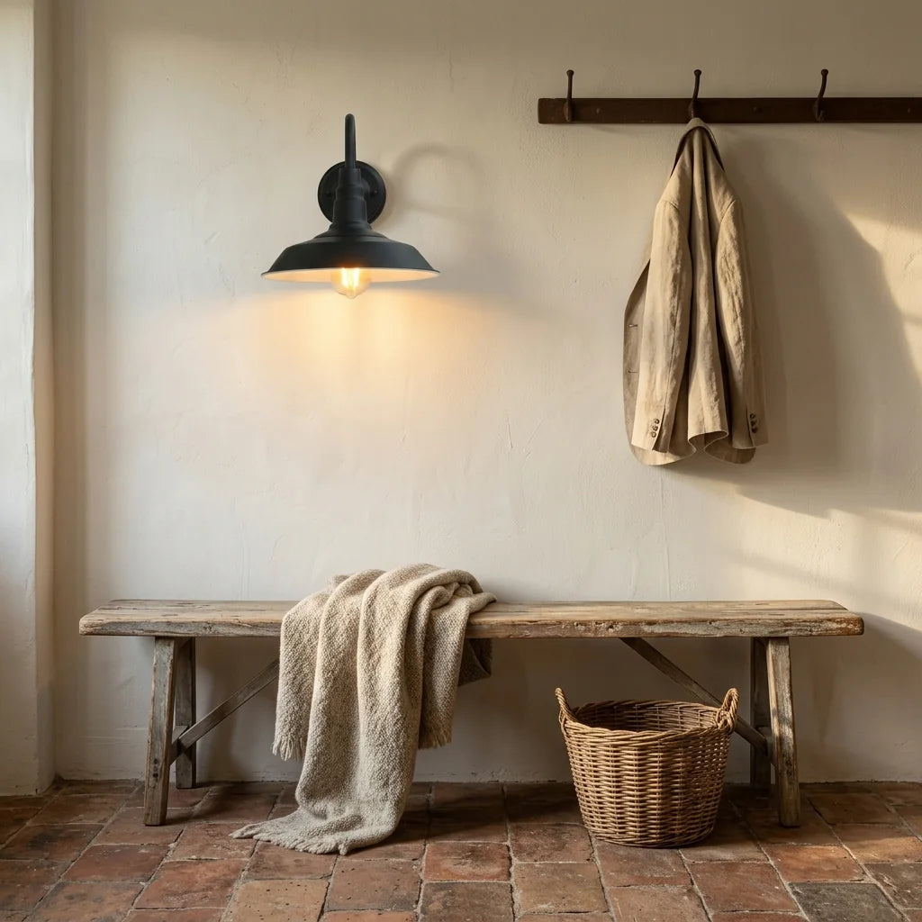 Applique col de cygne noire au-dessus d'un banc dans une entrée de maison de campagne