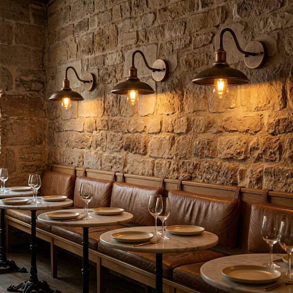 Trois appliques col de cygne bronze doré au-dessus d'une banquette de bistrot