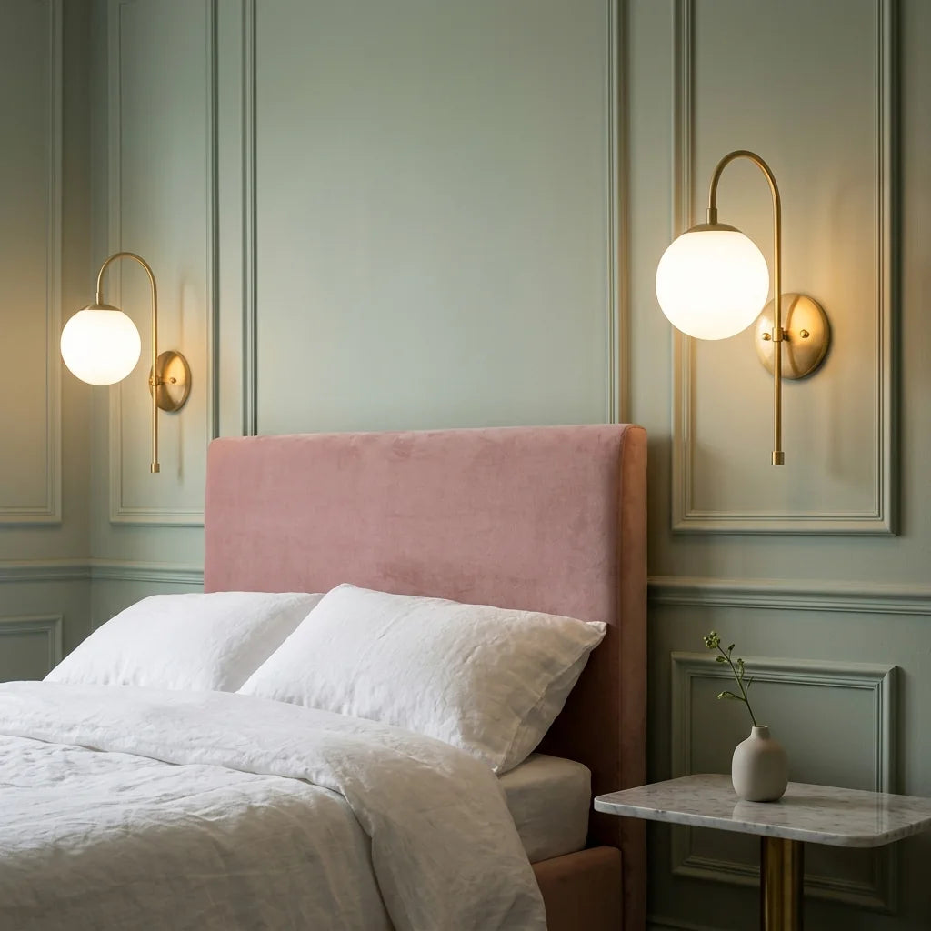 Paire d'appliques globe en laiton de part et d'autre d'une tête de lit en velours rose