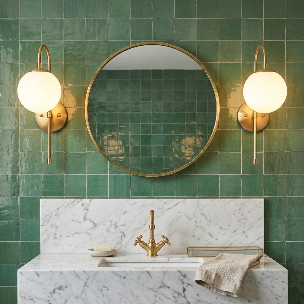 Deux appliques globe en laiton autour d'un miroir rond, mur en zellige vert
