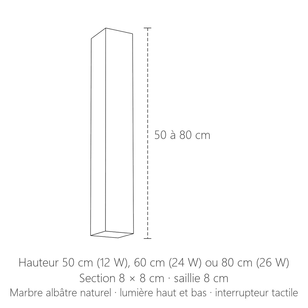 Dimensions de l'applique colonne en albâtre : 50, 60 ou 80 cm de haut, section 8 × 8 cm
