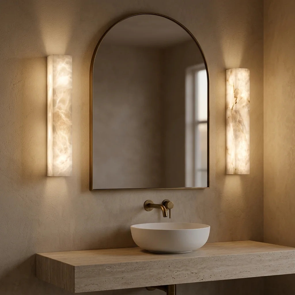 Paire de colonnes en albâtre autour d'un miroir arche, salle de bain en travertin