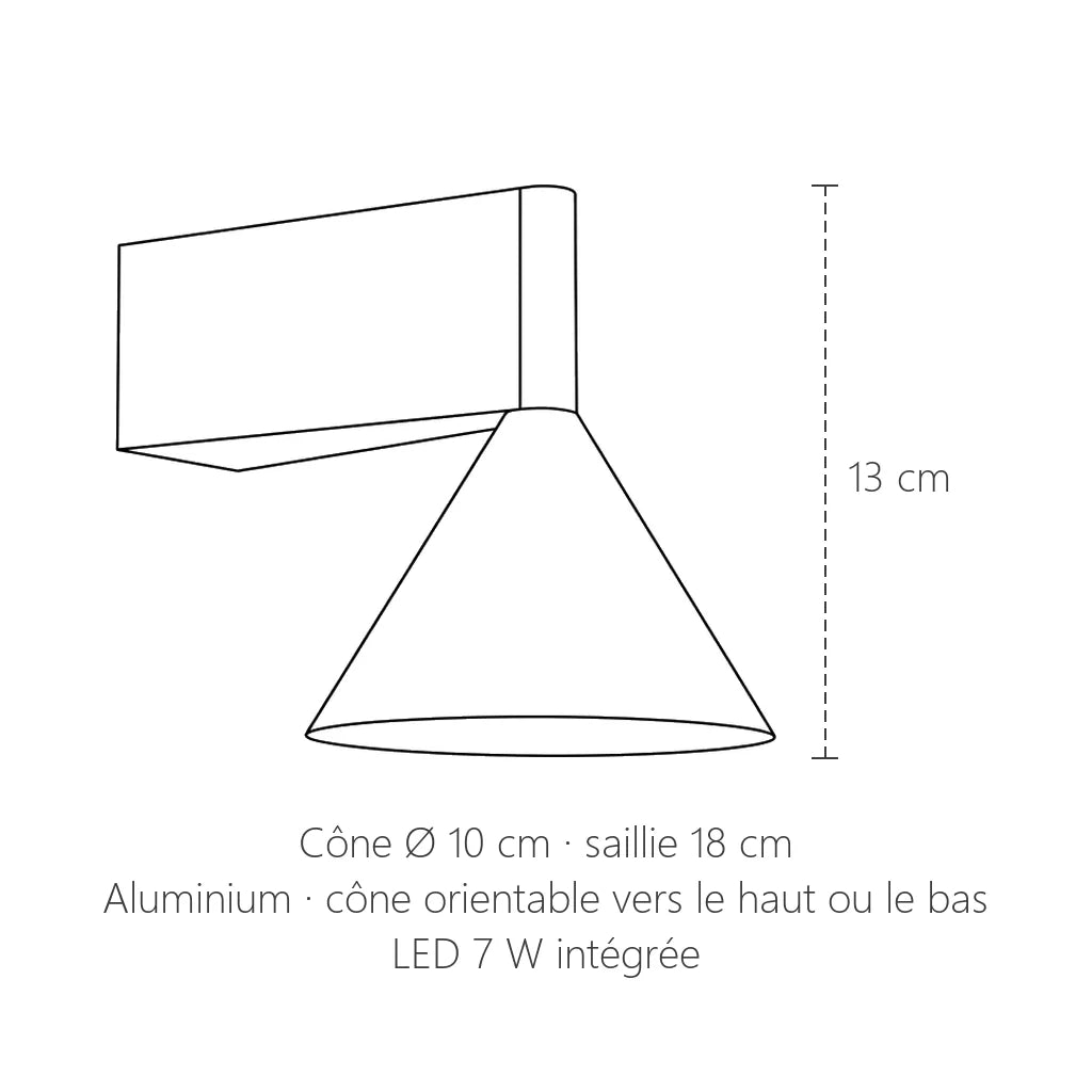 Dimensions de l'applique cône : 13 cm de haut, Ø 10 cm, saillie 18 cm