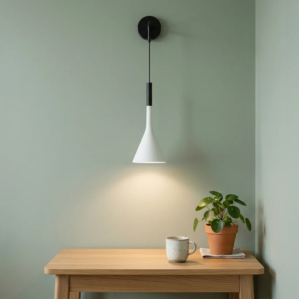 Applique suspendue à cône blanc au-dessus d'un bureau en chêne