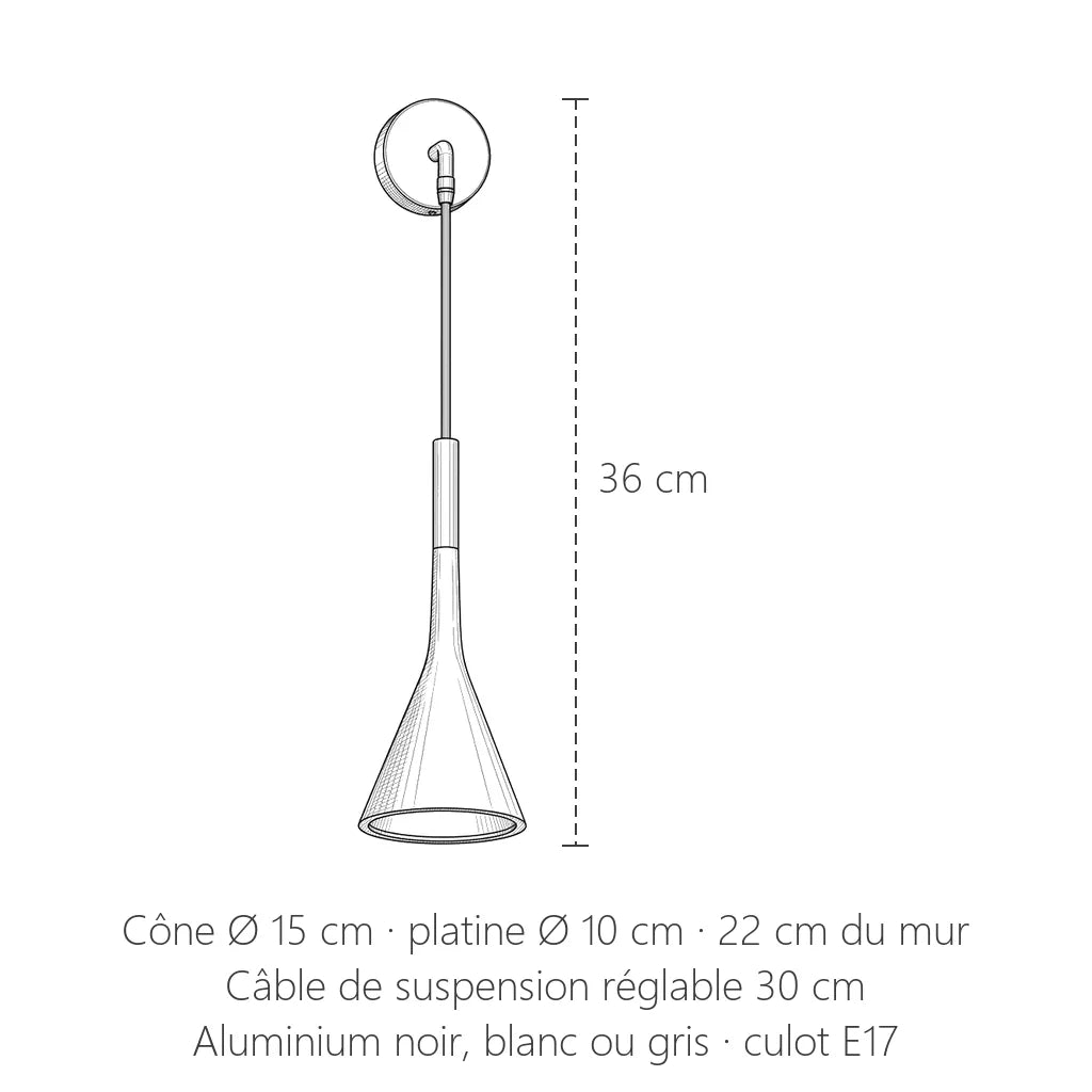 Dimensions de l'applique suspendue à cône : 36 cm de haut, Ø 15 cm