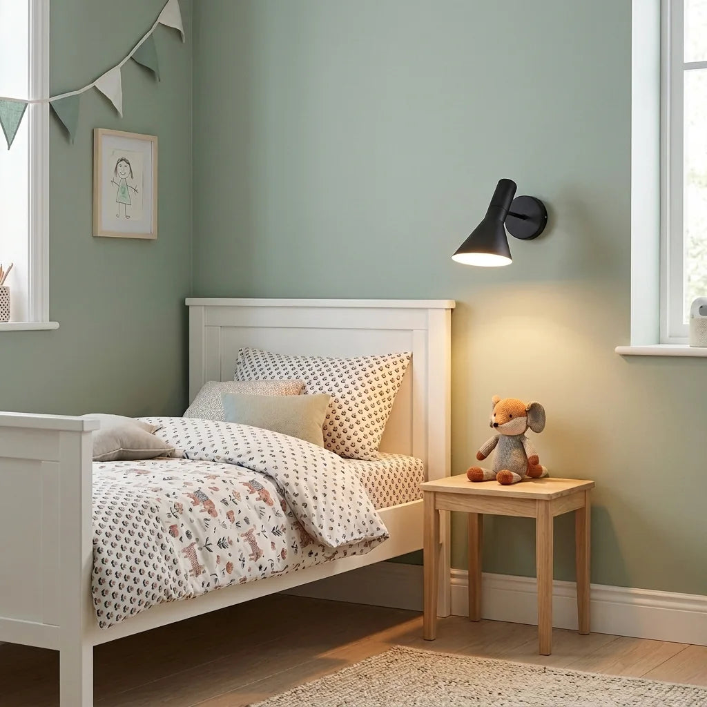 Applique à cône noir au-dessus d'une table de chevet, chambre d'enfant