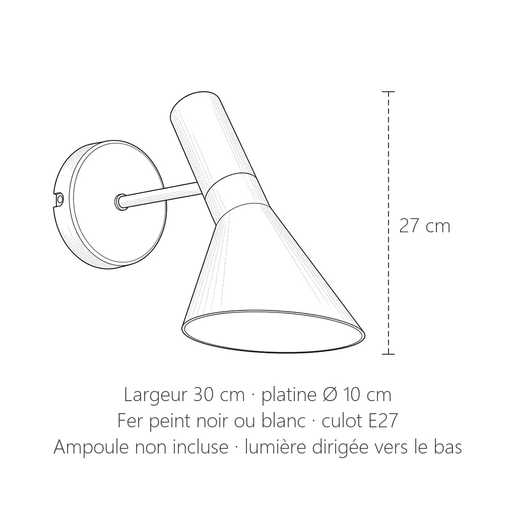 Dimensions de l'applique à cône asymétrique : 27 cm de haut, 30 cm de large