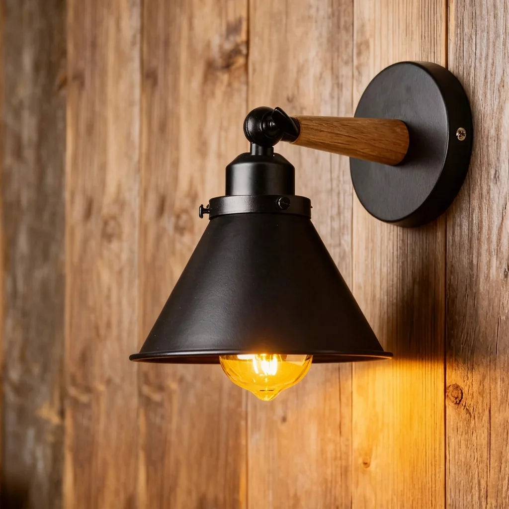Applique conique noire et bois sur un bardage en vieux bois