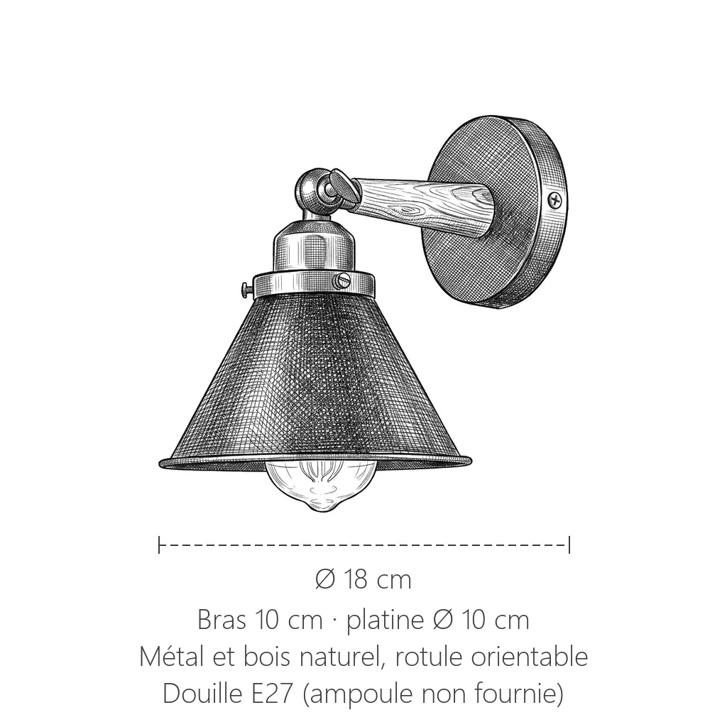 Dimensions de l'applique conique à bras en bois : Ø 18 cm