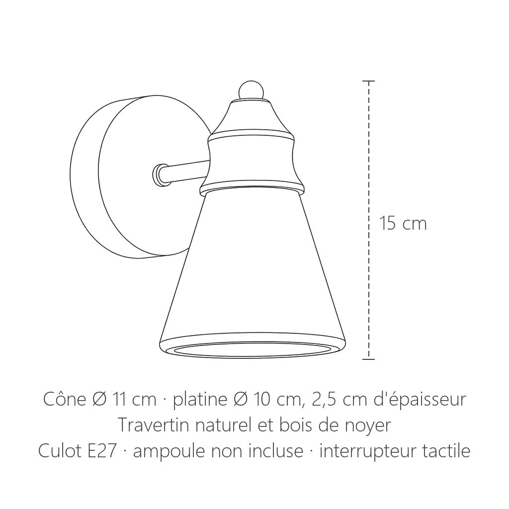 Dimensions de l'applique cône en travertin : 15 cm de haut, Ø 11 cm
