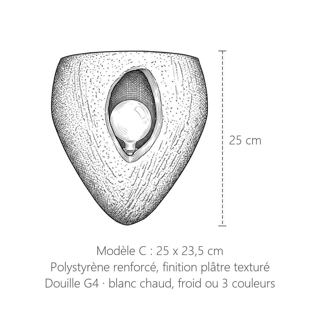 Dimensions de l'applique coque effet plâtre modèle C : 25 x 23,5 cm