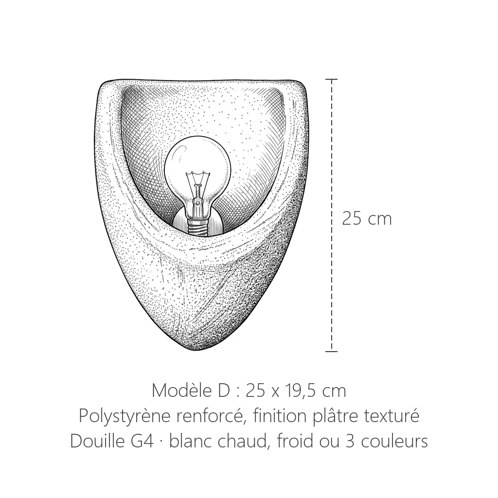 Dimensions de l'applique coque effet plâtre modèle D : 25 x 19,5 cm