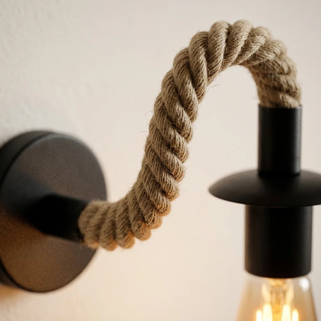 Corde de chanvre torsadée autour du bras de l'applique vue de près