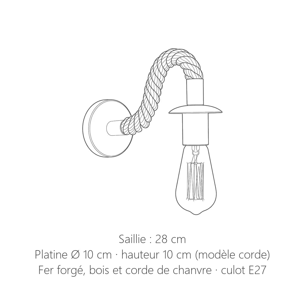 Dimensions de l'applique en corde de chanvre : 28 cm de saillie