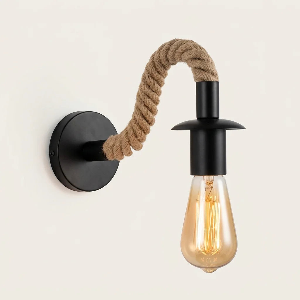 Applique murale vintage noire à bras gainé de corde de chanvre, ampoule filament allumée