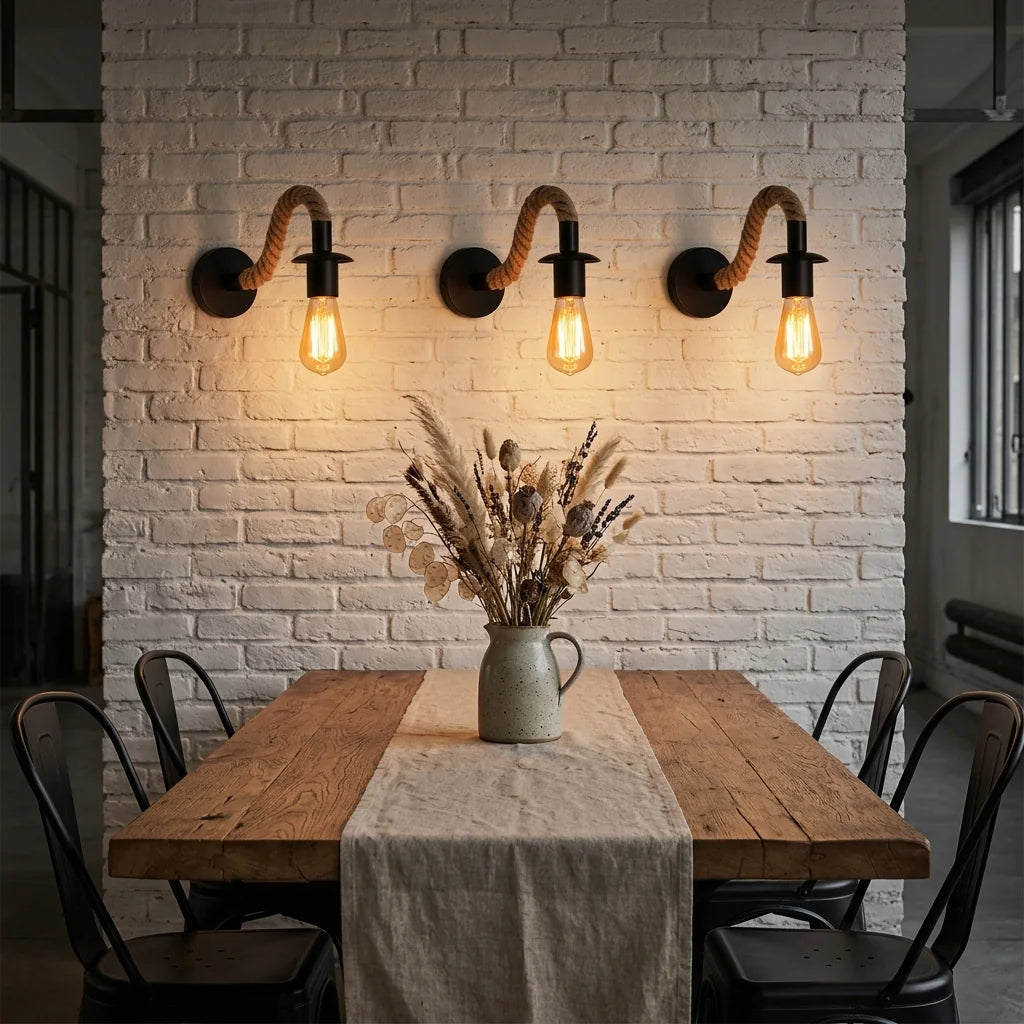 Trois appliques en corde de chanvre au-dessus d'une table en bois de loft