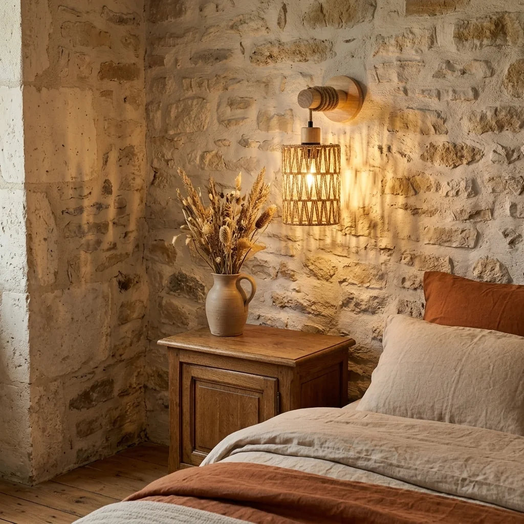 Applique en chanvre sur un mur en pierre au-dessus d'une table de chevet
