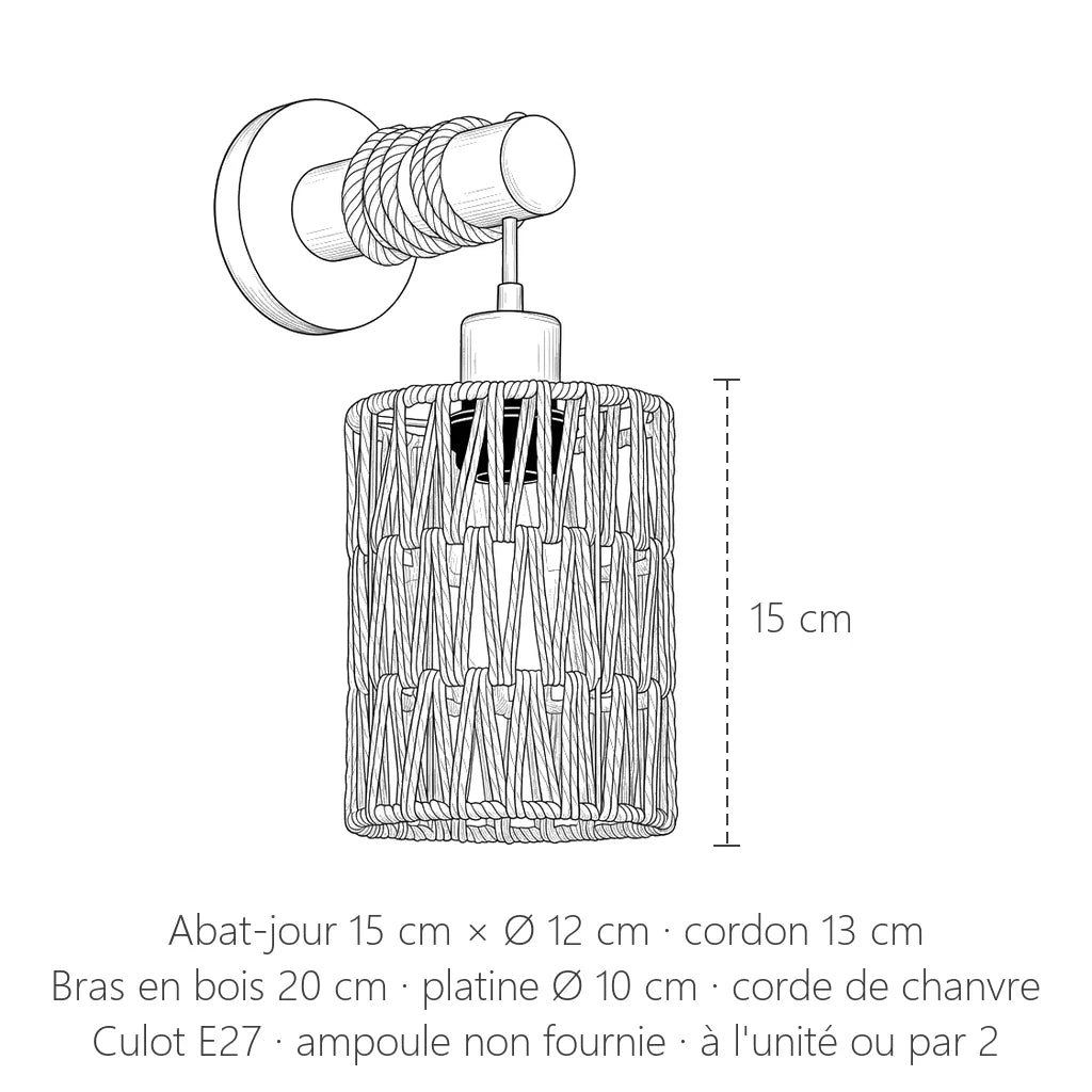 Dimensions de l'applique en corde de chanvre : abat-jour 15 cm × Ø 12 cm, bras 20 cm