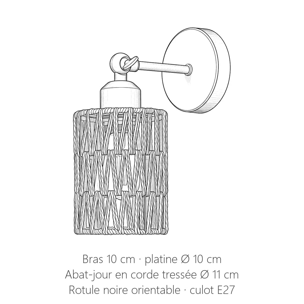 Dimensions de l'applique en corde tressée : bras 10 cm, platine Ø 10 cm, abat-jour Ø 11 cm