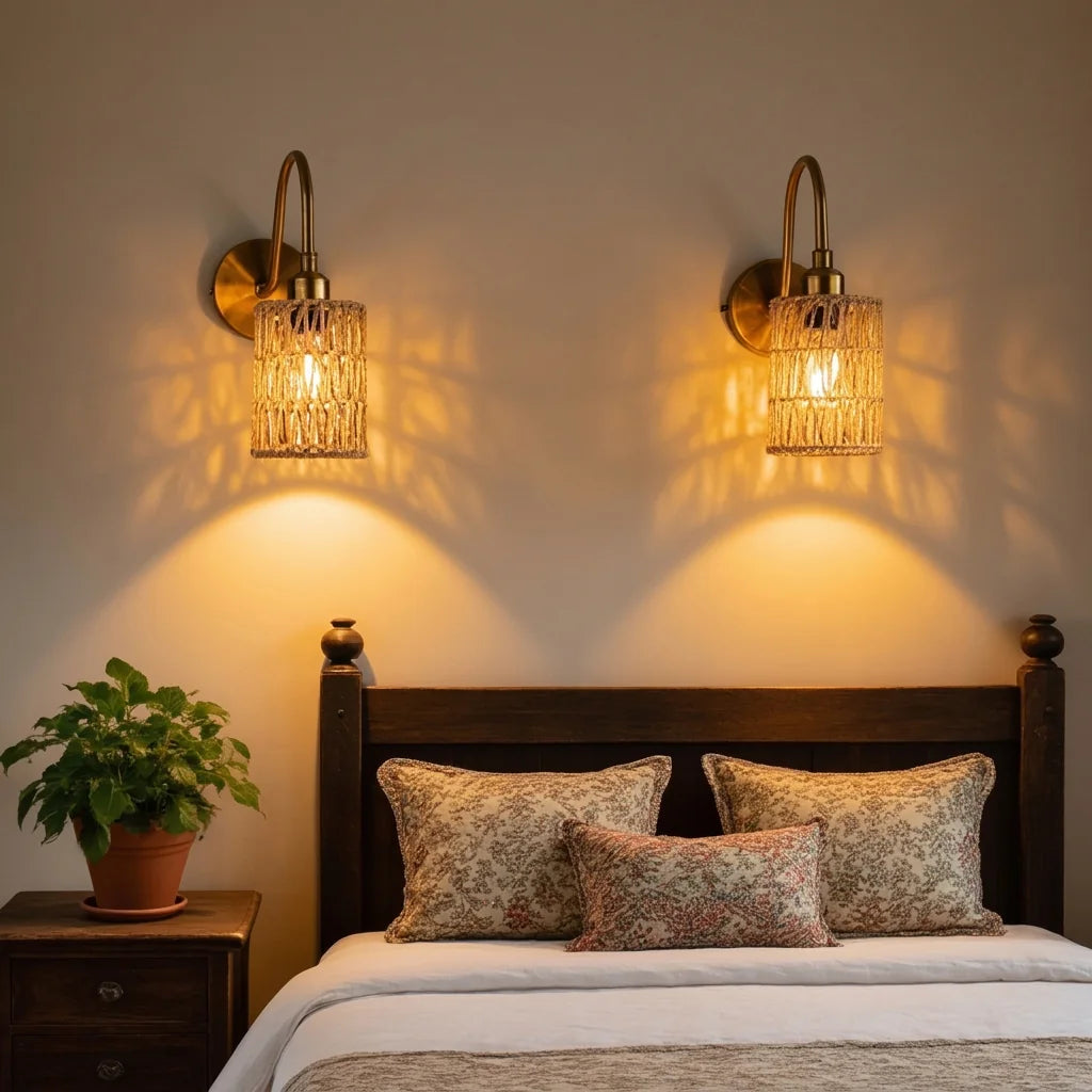 Paire d'appliques bohème au-dessus d'un lit en bois foncé