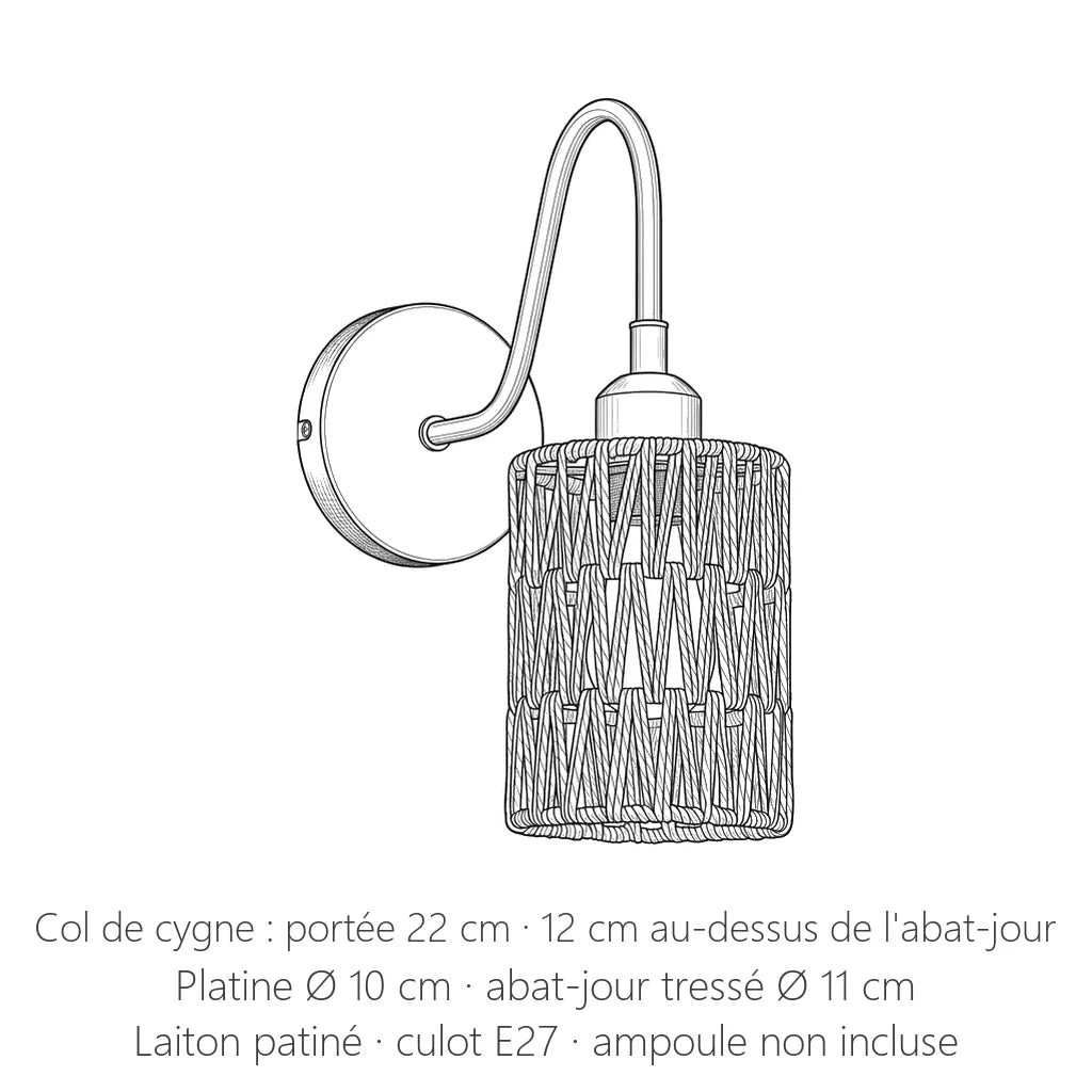 Dimensions de l'applique bohème col de cygne : portée 22 cm, platine Ø 10 cm, abat-jour Ø 11 cm
