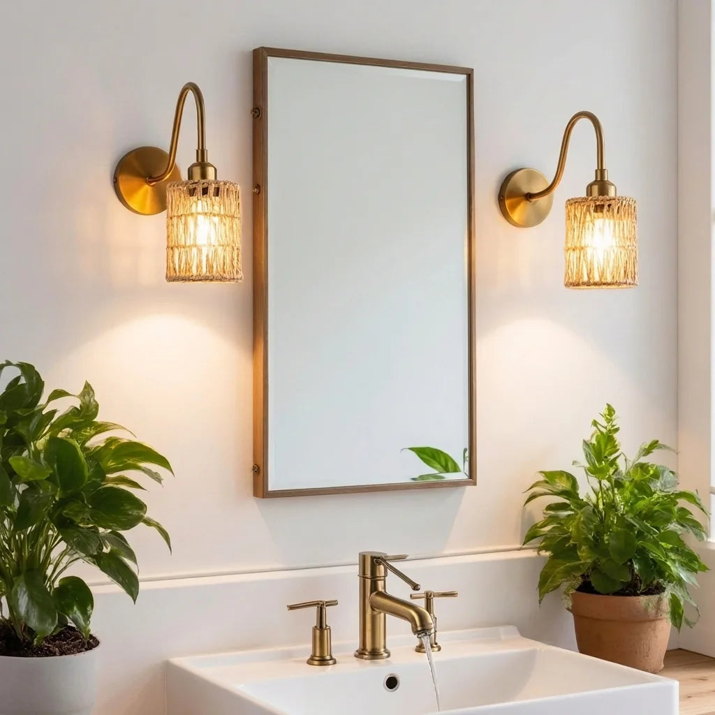 Appliques bohème de part et d'autre d'un miroir de salle de bain