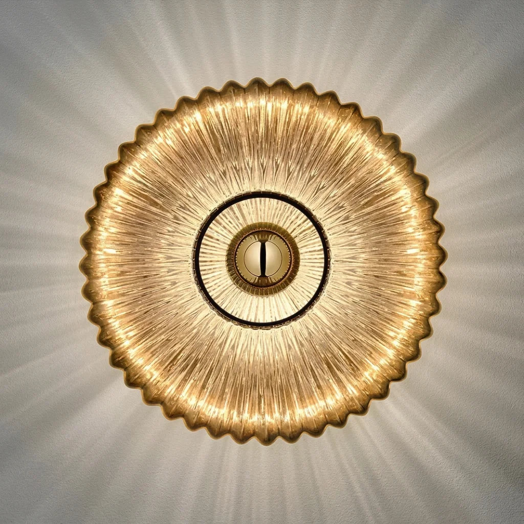 Verre strié cognac vu de face, rayons de lumière
