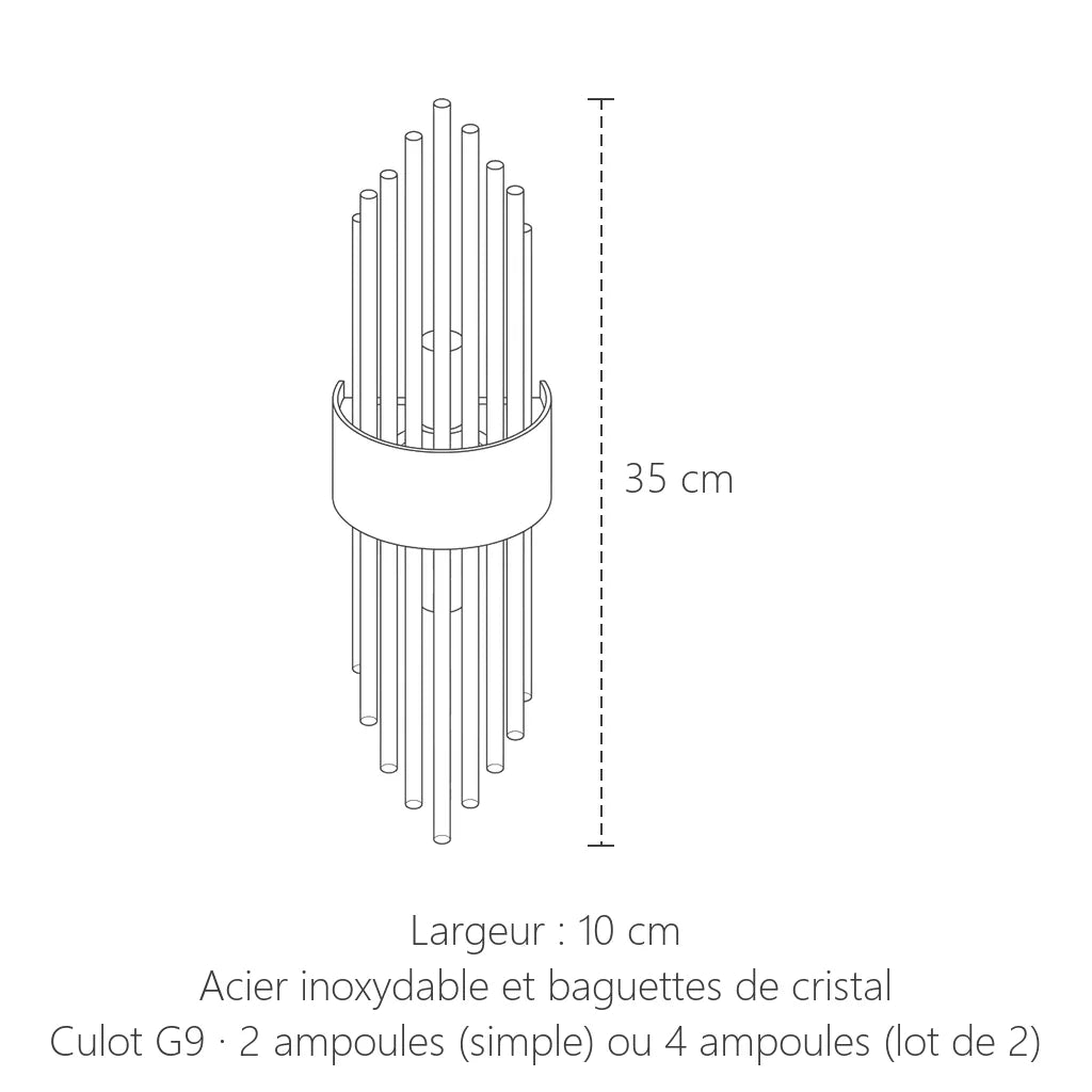 Dimensions de l'applique en cristal : 35 cm de haut, 10 cm de large