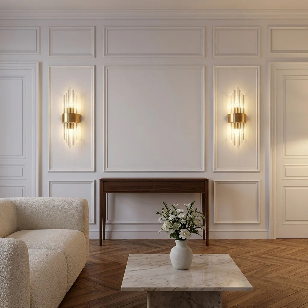 Paire d'appliques cristal dorées sur des moulures haussmanniennes au-dessus d'une console