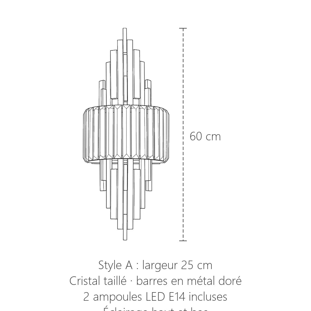 Dimensions de l'applique en cristal style A : 60 cm de haut, 25 cm de large