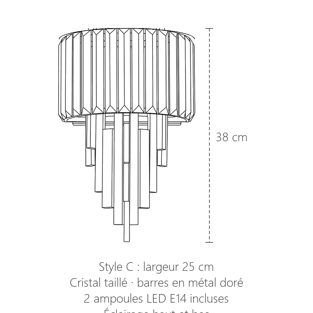 Dimensions de l'applique en cristal style C : 38 cm de haut, 25 cm de large