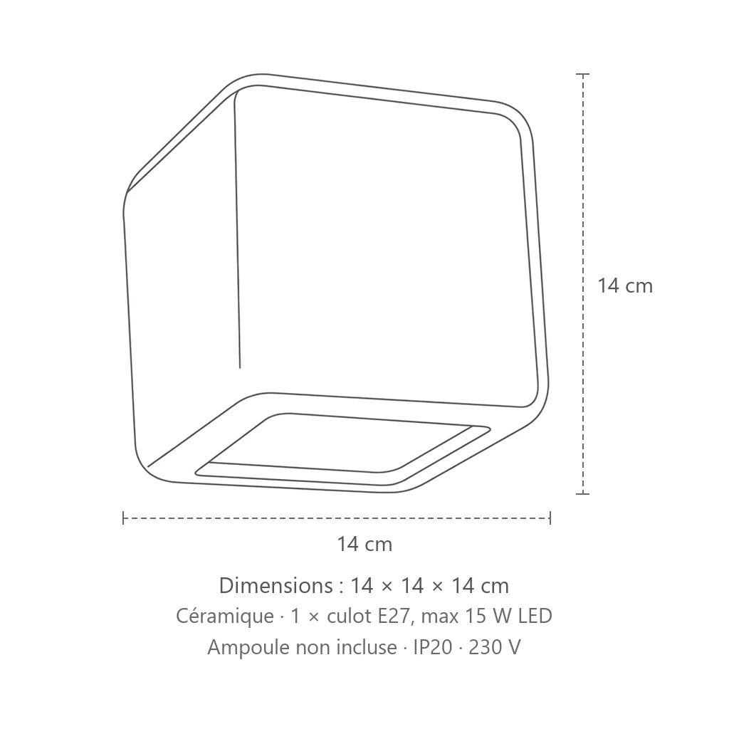 Dimensions : applique murale cube arrondi en céramique, 14 × 14 × 14 cm